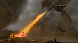 image of a dragon breathing fire, edited such that the dragon has the label &lsquo;Peter Shor&rsquo;, and it&rsquo;s breathing fire on text labels saying g^x, RSA and ECC